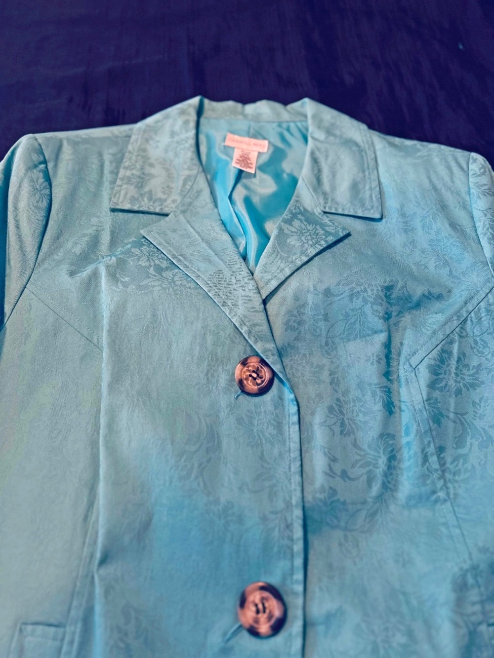 JACKET, EMBOSSED, TURQUOISE, SIZE 24W, 2 FRONT POCKETS, BUTTON FRONT, ¾ SLEEVES